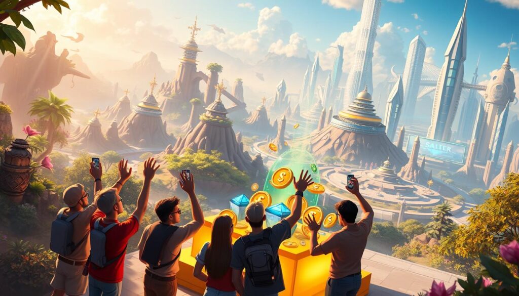 A vibrant and dynamic scene showcasing the rewards of player engagement in a digital game world. In the foreground, a group of players excitedly gather around a glowing pedestal, their avatars reaching out to claim their daily rewards - an array of shimmering gems, coins, and experience points. The middle ground features a lush, fantastical landscape with towering structures and floating islands, all bathed in a warm, golden light. In the background, a futuristic cityscape rises, its sleek skyscrapers and holographic displays hinting at the game's high-tech setting. The overall atmosphere is one of excitement, accomplishment, and a sense of progression, capturing the essence of an engaging daily reward system that keeps players invested and motivated.