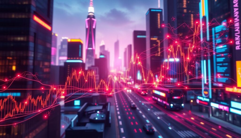 A vibrant and dynamic visualization of cryptocurrency market volatility analysis. In the foreground, a wireframe model of a financial chart fluctuates erratically, its lines pulsing with energy and uncertainty. The background features a futuristic cityscape, with towering skyscrapers and neon-lit streets, symbolizing the fast-paced, ever-changing nature of the cryptocurrency market. Glowing data streams and algorithmic patterns swirl around the chart, hinting at the complex algorithms and machine learning models used to analyze price movements. The lighting is dramatic, with sharply contrasting shadows and highlights, conveying the high-stakes, high-tension atmosphere of the crypto trading landscape. The overall mood is one of intensity, complexity, and the relentless flux of the digital financial realm.