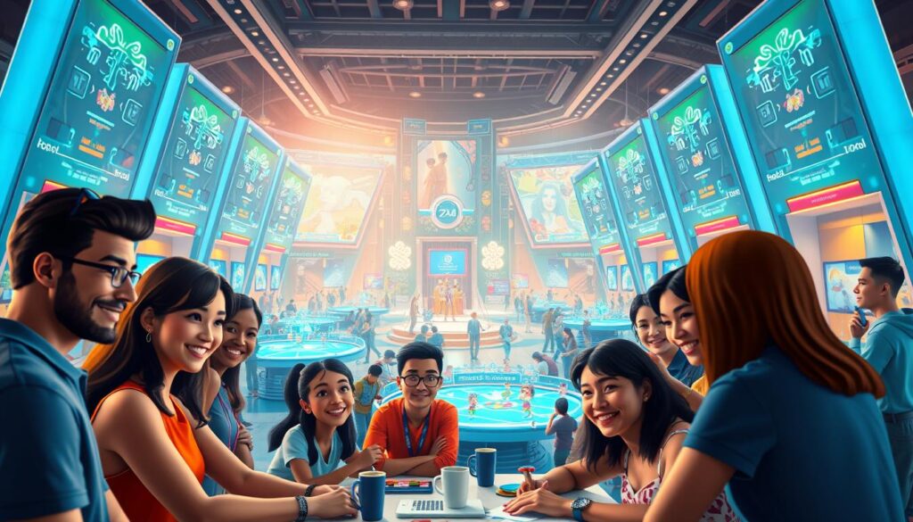 A vibrant and engaging community building gaming platform, showcasing a bustling virtual world. In the foreground, a group of diverse avatars collaborate on a creative project, their expressions animated and engaged. The middle ground features a range of interactive mini-games and activities, encouraging players to explore and connect. In the background, sleek and modern architecture frames the scene, with holographic displays and neon-accented interfaces, conveying a sense of technological sophistication. The lighting is warm and inviting, with a soft glow emanating from the virtual environment. The overall atmosphere is one of creativity, collaboration, and a sense of belonging within a thriving digital community. A vibrant and engaging community building gaming platform, showcasing a bustling virtual world. In the foreground, a group of diverse avatars collaborate on a creative project, their expressions animated and engaged. The middle ground features a range of interactive mini-games and activities, encouraging players to explore and connect. In the background, sleek and modern architecture frames the scene, with holographic displays and neon-accented interfaces, conveying a sense of technological sophistication. The lighting is warm and inviting, with a soft glow emanating from the virtual environment. The overall atmosphere is one of creativity, collaboration, and a sense of belonging within a thriving digital community.