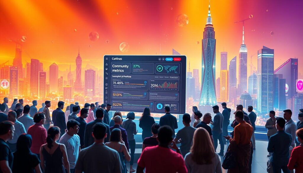 A vibrant and engaging community launchpad for NFT tokens. In the foreground, a diverse group of people gathered around a central platform, exchanging ideas and discussing investment opportunities. The middle ground showcases a sleek, futuristic interface displaying token information, community metrics, and investment statistics. In the background, a dynamic, abstract cityscape with neon-lit skyscrapers and a vibrant, pulsing energy. Warm, inviting lighting bathes the scene, creating an atmosphere of collaboration and excitement. Capturing the essence of a thriving, investor-focused NFT launchpad that champions community engagement and active participation.