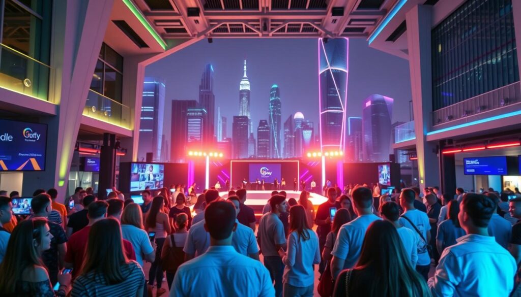 A vibrant and engaging digital community event, set against a backdrop of modern architectural elements and glowing neon accents. In the foreground, a diverse group of attendees animated in lively discussions, with digital avatars and interactive displays highlighting the online nature of the gathering. The middle ground features a central stage or platform, bathed in dynamic lighting and hosting various interactive activities and presentations. The background showcases a sleek, futuristic cityscape, with towering skyscrapers and a pulsing digital energy, symbolizing the seamless integration of the physical and virtual realms. The overall atmosphere conveys a sense of excitement, collaboration, and a thriving digital community.