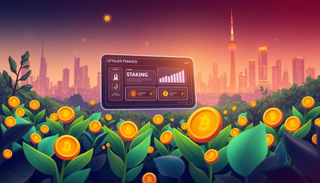 A vibrant and engaging digital illustration depicting the concept of staking in decentralized finance (DeFi). In the foreground, showcase a stylized, lush garden filled with digital coins sprouting like plants, symbolizing growth and profits. In the middle, illustrate a modern, high-tech digital interface displaying staking options with glowing buttons and charts indicating growth, suggesting oracle-enabled opportunities. In the background, feature a futuristic city skyline with softly glowing buildings, hinting at the technological advancements in blockchain. Use warm, inviting lighting to convey a sense of optimism and potential. Capture the scene from a slight high angle to give depth, enhancing the sense of investment and reward in the DeFi landscape.