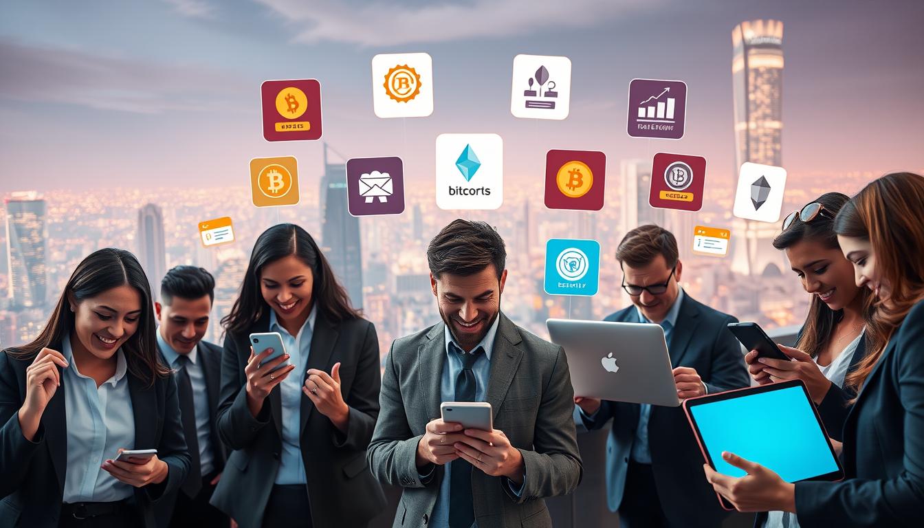 A vibrant and engaging digital landscape showcasing the concept of crypto rewards apps for beginners. In the foreground, a diverse group of individuals in professional business attire is enthusiastically interacting with their smartphones and laptops, displaying notifications of crypto rewards. In the middle ground, visually appealing icons of popular crypto apps float above the devices, with graphics representing rewards, coins, and user engagement. In the background, a futuristic cityscape illuminated by soft, warm lighting conveys a sense of innovation and opportunity. The mood is optimistic and inviting, encouraging beginners to explore the exciting world of cryptocurrency. Use a wide-angle lens to capture the scene, with a slight depth of field to keep the focus on the characters and their devices.