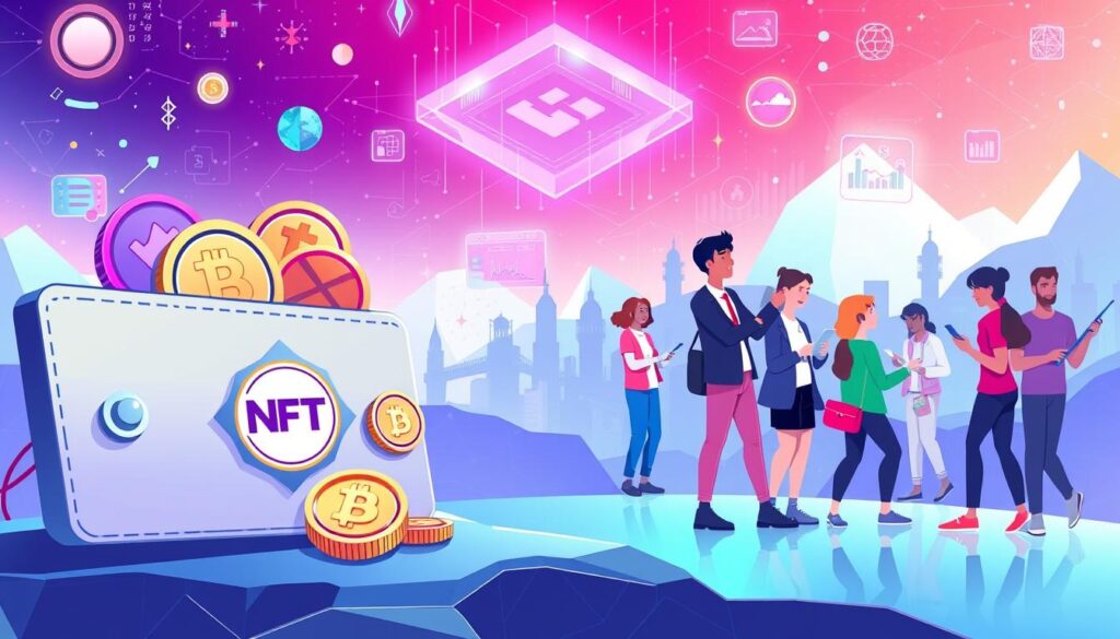 A vibrant and engaging illustration depicting the benefits of NFT-based loyalty programs. In the foreground, a sleek and stylized digital wallet showcases various NFT tokens, each representing unique rewards and incentives. In the middle ground, a diverse group of individuals from different backgrounds engage with these NFT rewards, unlocking exclusive experiences, virtual goods, and personalized perks. The background features a dynamic, blockchain-inspired landscape, with holographic displays and ethereal data visualizations, conveying the futuristic and interconnected nature of this innovative loyalty system. The overall scene radiates a sense of excitement, innovation, and the empowerment of early adopters within the evolving NFT ecosystem. A vibrant and engaging illustration depicting the benefits of NFT-based loyalty programs. In the foreground, a sleek and stylized digital wallet showcases various NFT tokens, each representing unique rewards and incentives. In the middle ground, a diverse group of individuals from different backgrounds engage with these NFT rewards, unlocking exclusive experiences, virtual goods, and personalized perks. The background features a dynamic, blockchain-inspired landscape, with holographic displays and ethereal data visualizations, conveying the futuristic and interconnected nature of this innovative loyalty system. The overall scene radiates a sense of excitement, innovation, and the empowerment of early adopters within the evolving NFT ecosystem.