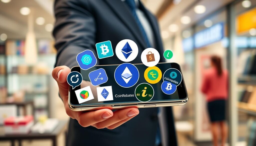 A vibrant and engaging scene depicting a variety of popular shopping app rewards, including digital currency symbols like Bitcoin and Ethereum, arranged on a sleek, modern smartphone screen. In the foreground, the smartphone is held by a person in professional business attire, showing excitement about earning cashback rewards. The middle ground features icons representing apps like Lolli, Pei, StormX, CoinRebates, and BitcoinRewards, artistically integrated around the phone. The background is softly blurred with a bright retail environment, perhaps a shopping mall or a cozy café, enhancing the feeling of shopping. Soft lighting creates an inviting atmosphere, while a slight bokeh effect adds depth. The composition should convey a sense of enthusiasm and modernity in the world of crypto rewards.