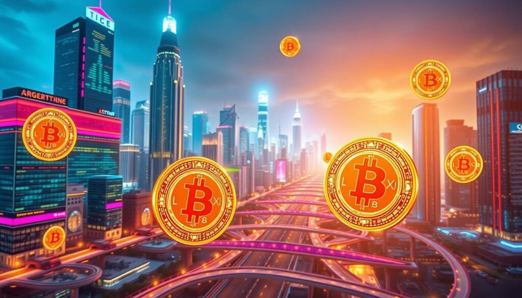 A vibrant and futuristic cityscape with towering skyscrapers and gleaming AI crypto coins floating in the foreground. The coins emit a soft glow, their surfaces reflecting the neon lights and holographic displays of the urban landscape. In the middle ground, a network of interconnected pathways and bridges weaves through the scene, highlighting the integration of the crypto tokens into the daily life of the city. The background is bathed in a warm, golden light, conveying a sense of prosperity and technological advancement. The composition is dynamic, with the coins and buildings arranged in a visually striking manner that draws the viewer's eye through the scene. The overall mood is one of innovation, progress, and the seamless integration of cryptocurrency into the future of finance.