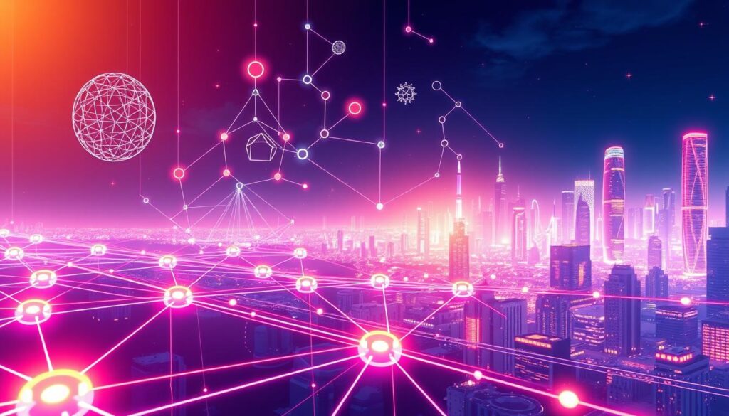 A vibrant and futuristic illustration of layer 2 scaling solutions for blockchain networks. In the foreground, a network of interconnected nodes and channels representing the layer 2 infrastructure, glowing with a cool, neon-like energy. In the middle ground, abstract shapes and geometric patterns depicting the complex protocols and algorithms that power layer 2 scaling, such as optimistic and zero-knowledge rollups. In the background, a cityscape of towering skyscrapers and futuristic architecture, symbolizing the real-world applications and integrations of these scaling solutions. The scene is bathed in a warm, technologically-advanced lighting, creating a sense of progress and innovation. The overall composition conveys the essential role of layer 2 scaling in enhancing the efficiency, scalability, and accessibility of blockchain-based systems.