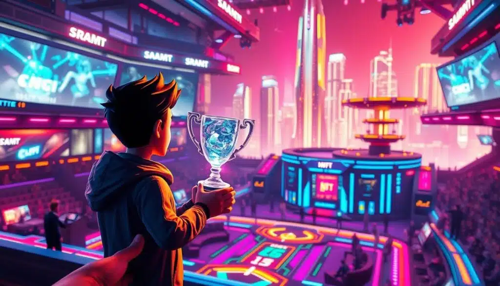 A vibrant and futuristic scene depicting the benefits of NFTs in gaming tournaments. In the foreground, a player avatar holds a shimmering, holographic trophy representing an exclusive, one-of-a-kind NFT reward. In the middle ground, a high-tech gaming arena with spectators and dazzling neon lights. In the background, a cityscape of gleaming skyscrapers and floating platforms, symbolizing the cutting-edge technology powering this new era of interactive entertainment. The lighting is a captivating blend of neon and natural daylight, creating an atmosphere of excitement and innovation. The overall mood is one of possibility and the advancement of gaming through the integration of blockchain technology and digital assets.