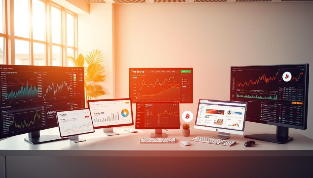 A vibrant and intuitive dashboard display showcasing a variety of free crypto research tools. In the foreground, sleek data visualizations and interactive charts dance across multiple monitors, providing deep insights into market trends and asset performance. In the middle ground, various software applications and web platforms are arranged, each offering specialized analytics, portfolio management, and news aggregation functionalities. The background is a soft, minimalist workspace with clean lines and muted tones, creating a calm and focused environment for comprehensive crypto data exploration. Warm, natural lighting filters through large windows, accentuating the high-tech aesthetic and emphasizing the power of these cutting-edge research tools. A vibrant and intuitive dashboard display showcasing a variety of free crypto research tools. In the foreground, sleek data visualizations and interactive charts dance across multiple monitors, providing deep insights into market trends and asset performance. In the middle ground, various software applications and web platforms are arranged, each offering specialized analytics, portfolio management, and news aggregation functionalities. The background is a soft, minimalist workspace with clean lines and muted tones, creating a calm and focused environment for comprehensive crypto data exploration. Warm, natural lighting filters through large windows, accentuating the high-tech aesthetic and emphasizing the power of these cutting-edge research tools.