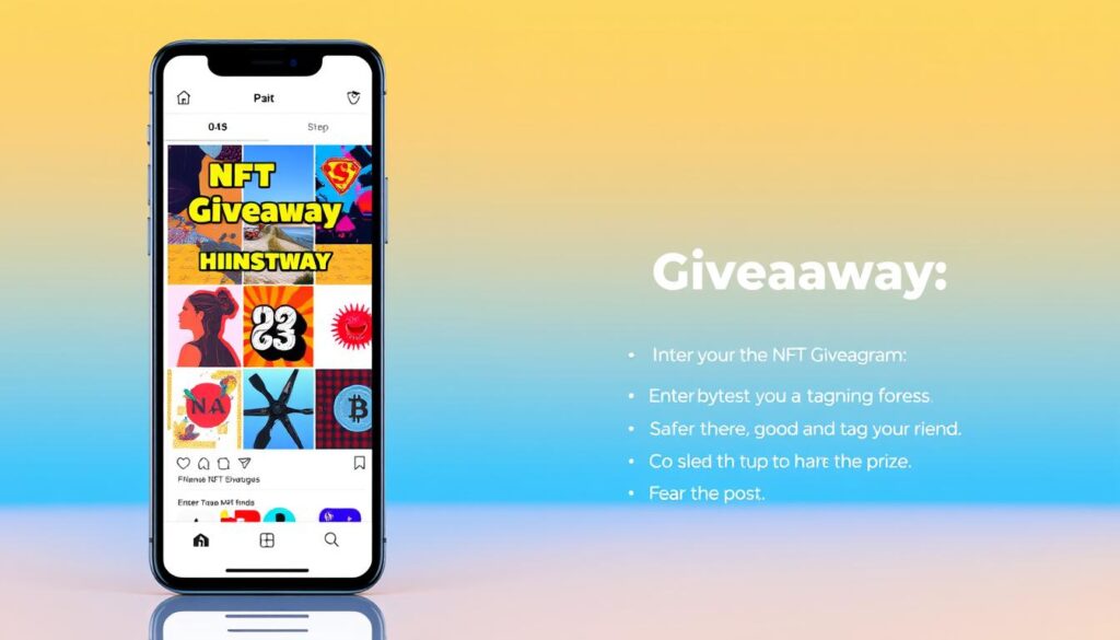 A vibrant and modern Instagram feed with a grid of posts featuring an eye-catching NFT giveaway announcement. In the foreground, a sleek smartphone displaying step-by-step instructions for entering the giveaway, highlighting key details like hashtags, tagging friends, and sharing the post. The middle ground showcases a collection of colorful, abstract NFT artworks, hinting at the prize. The background features a clean, minimalist Instagram interface with a gradient-based color scheme, creating a sophisticated and engaging visual composition.