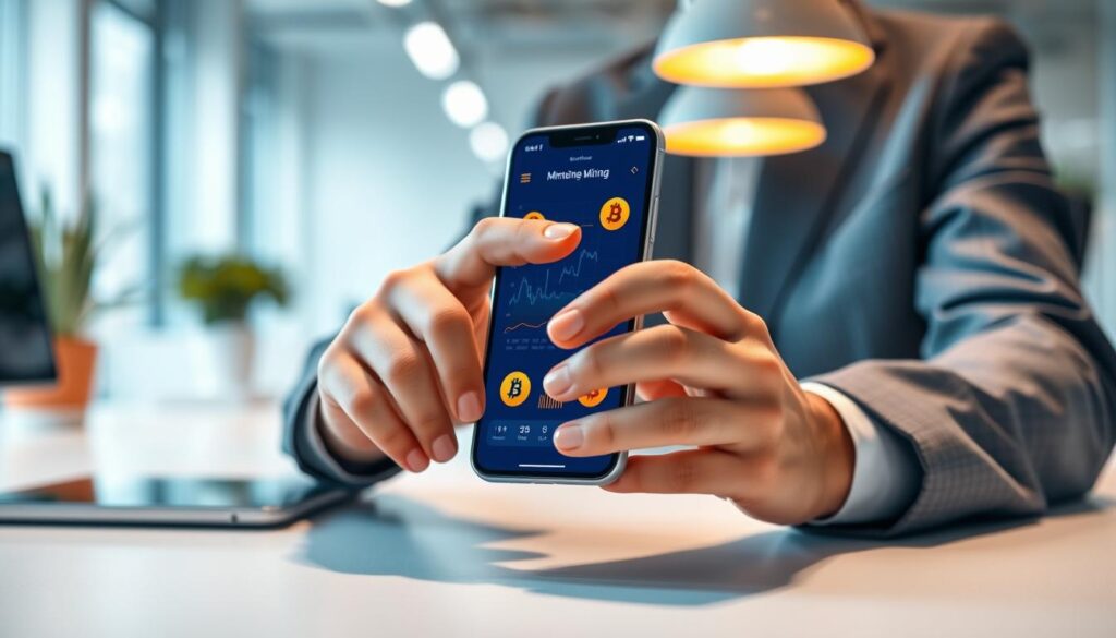 A vibrant and modern mobile mining app interface displayed on a sleek smartphone, set against a clean, well-lit workspace. In the foreground, the smartphone showcases graphs and Bitcoin symbols, radiating a tech-savvy vibe. In the middle ground, a user’s hands (dressed in professional business attire) tap on the screen, emphasizing interaction with the app. The background features a blurred view of a minimalist office setting with plants and soft LED lighting, creating a warm and inviting atmosphere. The overall mood is optimistic and innovative, reflecting the convenience of earning Bitcoin rewards effortlessly. Soft shadows cast by ambient lights provide depth, and the composition is captured at a slight angle to enhance the dynamic feel of the image. A vibrant and modern mobile mining app interface displayed on a sleek smartphone, set against a clean, well-lit workspace. In the foreground, the smartphone showcases graphs and Bitcoin symbols, radiating a tech-savvy vibe. In the middle ground, a user’s hands (dressed in professional business attire) tap on the screen, emphasizing interaction with the app. The background features a blurred view of a minimalist office setting with plants and soft LED lighting, creating a warm and inviting atmosphere. The overall mood is optimistic and innovative, reflecting the convenience of earning Bitcoin rewards effortlessly. Soft shadows cast by ambient lights provide depth, and the composition is captured at a slight angle to enhance the dynamic feel of the image.