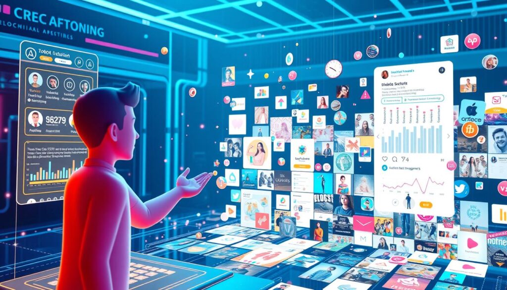 A vibrant blockchain-powered social media platform, with dynamic user profiles, real-time engagement metrics, and seamless crypto-based rewards. In the foreground, a stylized 3D avatar interacts with a holographic interface, gesturing towards a cascading data visualization of user activity. In the middle ground, a collage of diverse social media posts, NFT artworks, and transaction records float in a tessellated pattern. The background is bathed in a cool, neon-infused lighting, evoking a futuristic, technologically-advanced atmosphere. The overall composition conveys the synergy between blockchain technology and social media, driving immersive, decentralized user engagement.