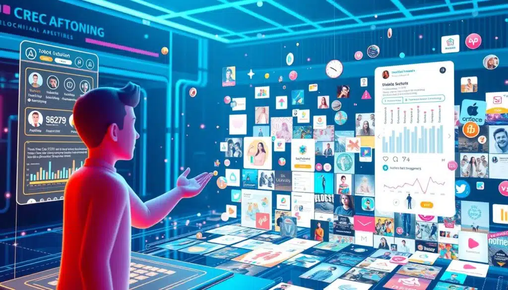 A vibrant blockchain-powered social media platform, with dynamic user profiles, real-time engagement metrics, and seamless crypto-based rewards. In the foreground, a stylized 3D avatar interacts with a holographic interface, gesturing towards a cascading data visualization of user activity. In the middle ground, a collage of diverse social media posts, NFT artworks, and transaction records float in a tessellated pattern. The background is bathed in a cool, neon-infused lighting, evoking a futuristic, technologically-advanced atmosphere. The overall composition conveys the synergy between blockchain technology and social media, driving immersive, decentralized user engagement. A vibrant blockchain-powered social media platform, with dynamic user profiles, real-time engagement metrics, and seamless crypto-based rewards. In the foreground, a stylized 3D avatar interacts with a holographic interface, gesturing towards a cascading data visualization of user activity. In the middle ground, a collage of diverse social media posts, NFT artworks, and transaction records float in a tessellated pattern. The background is bathed in a cool, neon-infused lighting, evoking a futuristic, technologically-advanced atmosphere. The overall composition conveys the synergy between blockchain technology and social media, driving immersive, decentralized user engagement.