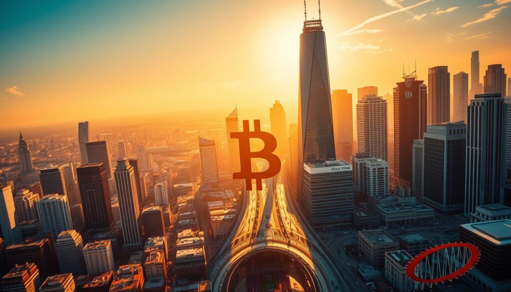 A vibrant cityscape bathed in warm, golden light, with the iconic Bitcoin "B" symbol prominently displayed in the foreground, casting a long shadow across the bustling financial district. In the middle ground, a towering skyscraper emblazoned with the Fiat currency logo serves as a gateway, symbolizing the convergence of traditional finance and the crypto economy. The background is filled with a flurry of activity, with people hurrying to and fro, surrounded by a tapestry of gleaming high-rises and the winding roads that connect them. The overall scene conveys a sense of dynamism, progress, and the growing dominance of Bitcoin as the preferred on-ramp for those seeking to enter the world of digital assets.