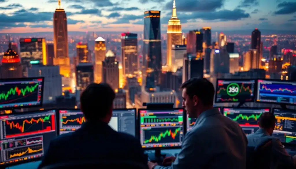 A vibrant cityscape, the skyline punctuated by towering skyscrapers. In the foreground, a trading desk comes into focus, adorned with multiple screens displaying charts, graphs, and financial data. Traders, their faces illuminated by the glow of the monitors, intently analyze the ebb and flow of the markets, integrating technical, fundamental, and sentiment-driven approaches. The scene is bathed in a warm, golden light, creating a sense of focus and determination. The background blurs slightly, emphasizing the intensity of the trading activity. The composition conveys the complexity and interconnectedness of modern financial analysis, where diverse strategies converge to navigate the dynamic crypto landscape.