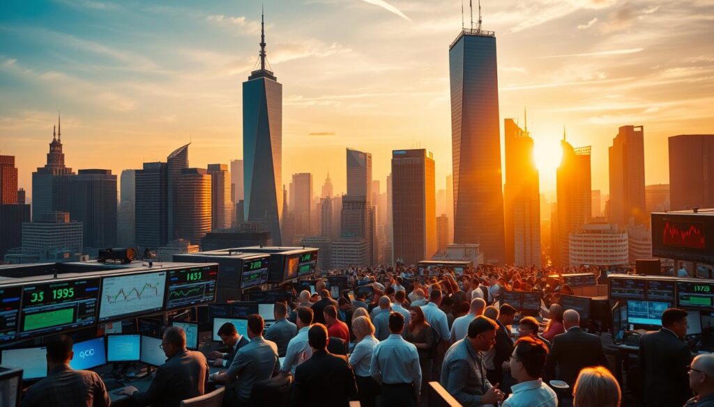 A vibrant cityscape, with towering skyscrapers silhouetted against a golden sunset. In the foreground, a bustling trading floor, traders engrossed in their screens, their expressions a tapestry of concentration and anticipation. The air is charged with the energy of the market, as fluctuating stock prices and currency exchange rates dance across digital displays. In the middle ground, a sea of investors, some jubilant, others pensive, their body language reflecting the ebb and flow of market sentiment. The background is a hazy abstraction of financial data, charts, and graphs, hinting at the complex algorithms and algorithms that shape the flow of capital. The scene is bathed in warm, golden light, conveying a sense of optimism and opportunity, tempered by the underlying volatility of the markets.