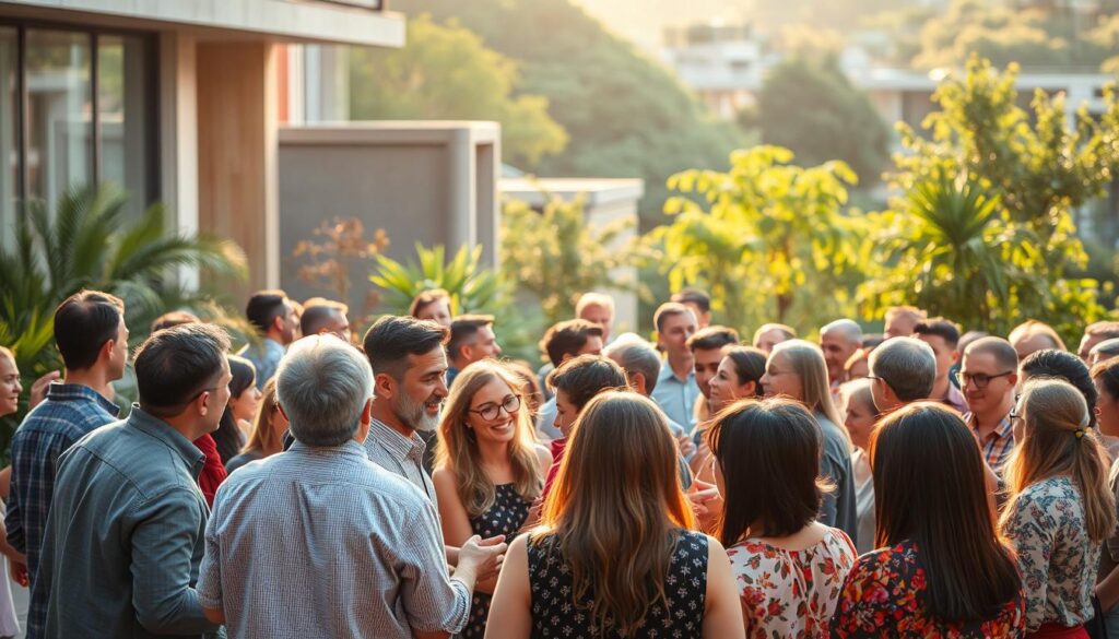 A vibrant community gathering, set against a backdrop of modern architectural structures and lush greenery. In the foreground, a diverse group of individuals engaged in animated discussions, conveying a sense of collaboration and shared purpose. The lighting is warm and inviting, casting a soft glow over the scene. The composition emphasizes the interconnectedness of the participants, with subtle gestures and eye contact reflecting the spirit of legal compliance and responsible engagement. The overall atmosphere exudes a sense of professionalism, trust, and a shared commitment to ethical practices within the NFT creator community.