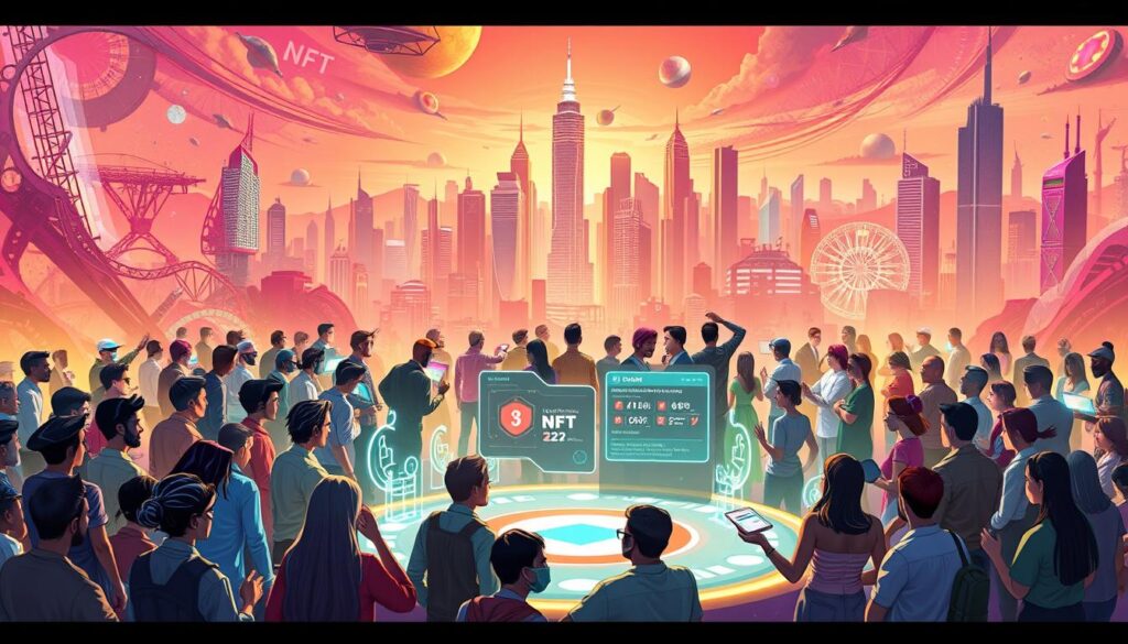 A vibrant community of NFT enthusiasts gather in a lively collaboration, their digital avatars interacting against a dynamic backdrop of futuristic cityscapes and abstract art. The foreground features diverse character designs, each with unique traits and styles, engaged in animated discussions and creative exchanges. The middle ground showcases a stylized stage or platform, with holographic displays and interactive elements that facilitate the exchange of ideas and promotion of rare NFT offerings. In the distant background, a vivid skyline of towering, neon-lit skyscrapers sets the scene, evoking a sense of a thriving, tech-savvy ecosystem. Warm lighting and a sense of energy and excitement permeate the entire composition, capturing the essence of a successful NFT influencer community collaboration.