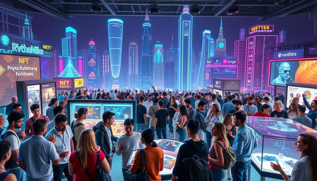 A vibrant community of NFT enthusiasts gathers in a bustling digital setting. In the foreground, a group of creators, collectors, and investors engage in animated discussions, exchanging ideas and sharing their latest NFT discoveries. The middle ground features a dynamic marketplace, where digital artworks are showcased in immersive 3D displays, captivating the attention of potential buyers. In the background, a futuristic cityscape with towering holographic skyscrapers and neon-lit streets sets the scene, reflecting the cutting-edge technology that underpins the NFT ecosystem. The overall atmosphere conveys a sense of excitement, collaboration, and the boundless potential of this ever-evolving digital landscape.