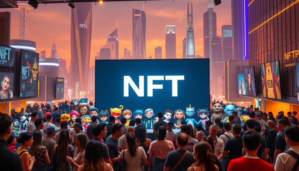 A vibrant community of digital art enthusiasts gathers around a large, centrally-located NFT project display. The foreground showcases a diverse array of unique NFT avatars, each with its own distinct style and personality. In the middle ground, people engage in animated discussions, exchanging ideas and experiences about the project. The background features a sleek, futuristic cityscape, with towering skyscrapers and neon-lit streets, creating a sense of technological advancement and innovation. The lighting is warm and inviting, casting a subtle glow on the scene, and the overall atmosphere conveys a sense of excitement and belonging within the NFT community.