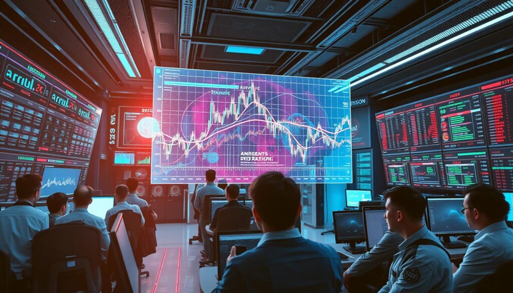 A vibrant crypto derivatives trading floor with a dynamic interplay of digital assets, charts, and analytics displays. In the foreground, a group of traders intensely monitor fluctuating prices, their expressions conveying the tension and excitement of the market. In the middle ground, a large holographic projection showcases real-time trading data, with lines and curves representing the intricate web of derivatives contracts. The background is adorned with sleek, futuristic technology - servers, terminals, and screens displaying complex algorithms and risk management models. The overall scene is bathed in a cool, neon-tinged lighting, creating an atmosphere of cutting-edge innovation and high-stakes financial maneuvering.