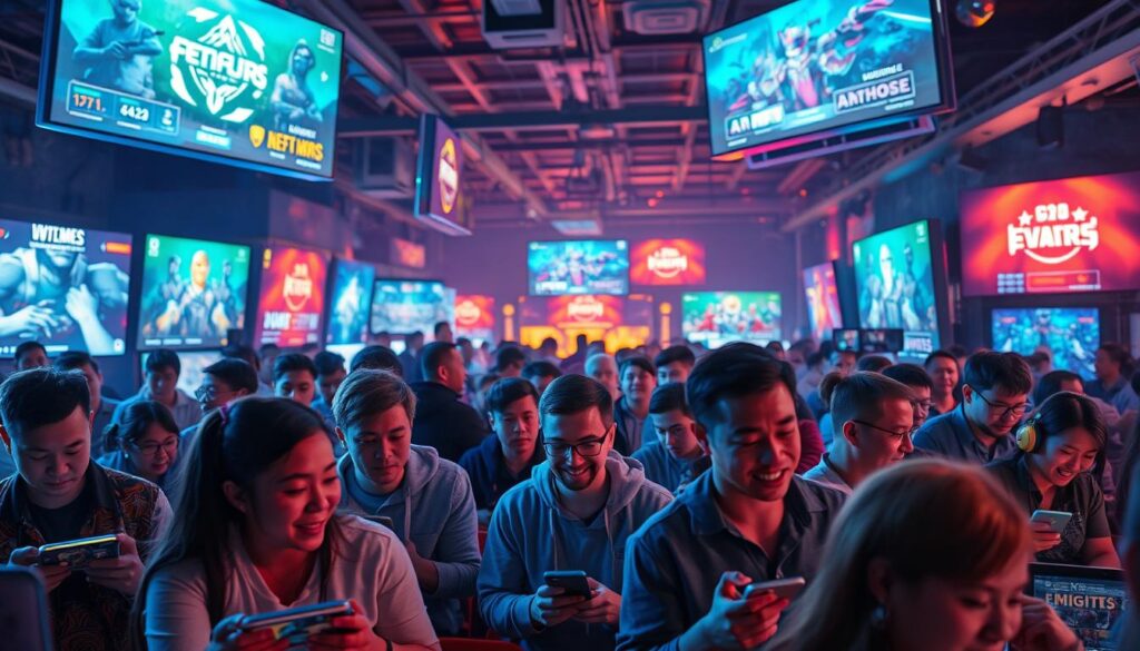 A vibrant crypto gaming community gathering, illuminated by the glow of digital devices. In the foreground, players enthusiastically engage with their NFT-powered games, expressions animated with excitement. The middle ground features a diverse group of community members, their faces lit by the neon-tinged atmosphere, deep in discussion about the latest developments. In the background, a vast array of screens displays leaderboards, event announcements, and the pulsing visuals of the games themselves, creating an immersive, futuristic ambiance. Warm lighting and a dynamic camera angle lend a sense of energy and dynamism to the scene, capturing the spirit of a thriving, tech-savvy community.