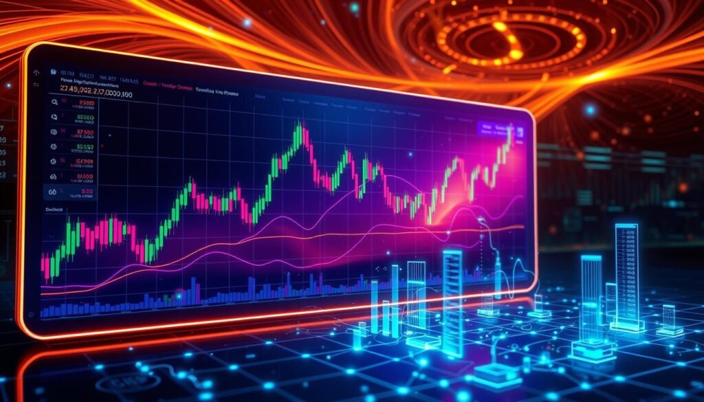 A vibrant cryptocurrency chart against a backdrop of swirling, abstract financial data. The chart is displayed on a sleek, futuristic interface, illuminated by a warm, diffuse glow. The fluctuating lines and curves of the chart are rendered in vivid, contrasting colors, capturing the dynamic, volatile nature of the crypto market. In the foreground, a series of holographic financial metrics and indicators float in a semi-transparent overlay, providing context and analysis. The middle ground features a network of interconnected nodes and lines, representing the complex web of factors that influence cryptocurrency prices. The background is a rich, textured tapestry of numerical data, charts, and financial symbols, hinting at the underlying complexity of the crypto ecosystem.