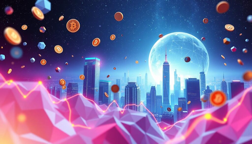 A vibrant cryptocurrency market landscape, with digital coins and tokens swirling through a dynamic, ever-changing environment. In the foreground, a bold, three-dimensional graph depicts the price fluctuations of major cryptocurrencies, represented by faceted, low-poly shapes. The middle ground showcases a futuristic city skyline, its towering skyscrapers adorned with glowing digital displays and holograms. In the background, a starry, cosmic expanse sets the stage, hinting at the global, decentralized nature of the cryptocurrency ecosystem. Lighting is a combination of warm, neon-like accents and cool, ethereal hues, creating a sense of technological progress and innovation. The overall composition conveys the complex, evolving nature of the cryptocurrency market and its impact on the modern financial landscape.