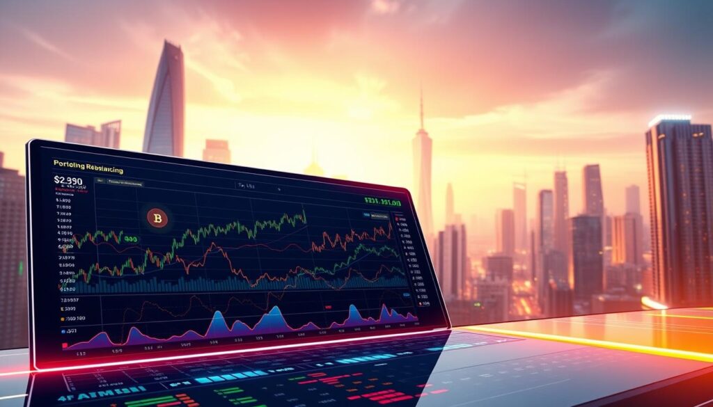 A vibrant, data-driven illustration of portfolio rebalancing strategies. In the foreground, a diverse range of financial instruments including stocks, bonds, and cryptocurrencies are dynamically rebalanced on a sleek, futuristic dashboard. The middle ground features a grid of line graphs and charts, visualizing the impact of different rebalancing approaches over time. In the background, a cityscape of towering skyscrapers and glowing neon lights sets an urban, high-tech atmosphere. Warm lighting from above casts a soft glow, creating depth and highlighting the intricate details. The overall scene conveys the power of data-driven portfolio management in the digital age. A vibrant, data-driven illustration of portfolio rebalancing strategies. In the foreground, a diverse range of financial instruments including stocks, bonds, and cryptocurrencies are dynamically rebalanced on a sleek, futuristic dashboard. The middle ground features a grid of line graphs and charts, visualizing the impact of different rebalancing approaches over time. In the background, a cityscape of towering skyscrapers and glowing neon lights sets an urban, high-tech atmosphere. Warm lighting from above casts a soft glow, creating depth and highlighting the intricate details. The overall scene conveys the power of data-driven portfolio management in the digital age.