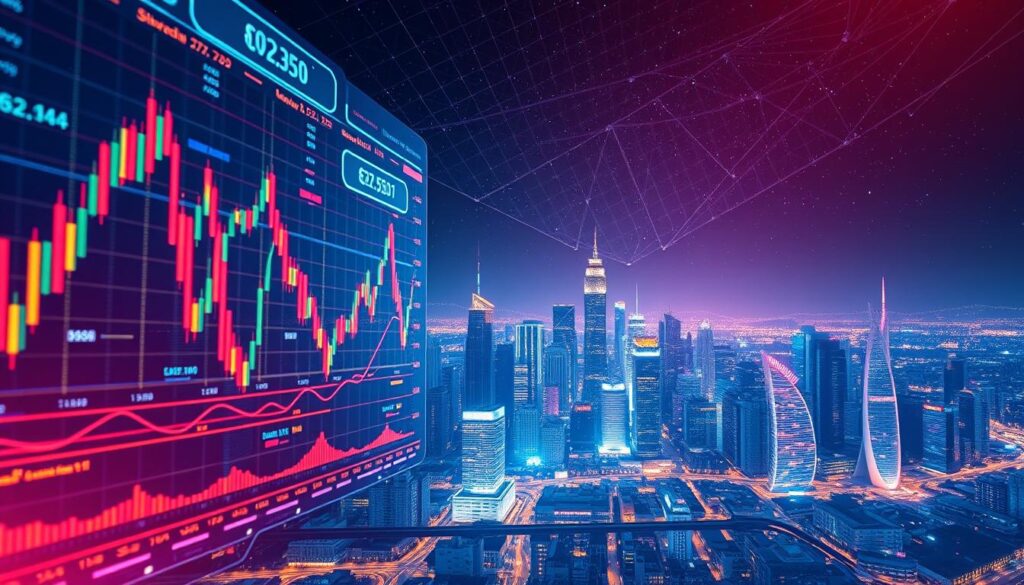 A vibrant, data-driven visualization of the dynamic crypto market trends. In the foreground, a holographic display showcases candlestick charts, line graphs, and analytical indicators, reflecting the volatility and growth patterns of various cryptocurrencies. The middle ground features a futuristic cityscape, with towering skyscrapers and holograms highlighting real-time market data. In the background, a vast, starry night sky creates a sense of the infinite possibilities and potential of the crypto landscape. The lighting is a mix of warm, neon-like hues and cool, ethereal tones, conveying the excitement and complexity of the evolving crypto market. The scene is captured with a wide-angle lens, emphasizing the scale and interconnectedness of the crypto ecosystem.