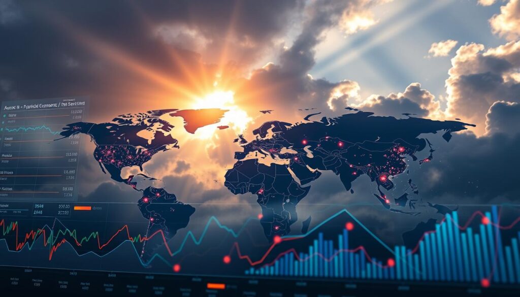 A vibrant, data-driven visualization of the intricate relationships between global macroeconomic factors and the cyclical nature of the cryptocurrency market. In the foreground, a dynamic data dashboard displays key economic indicators, fluctuating in sync with the ebb and flow of crypto prices. The middle ground features a world map, with pulsing nodes representing the interconnectedness of international markets and their impact on digital asset performance. In the background, a moody, cinematic sky scape serves as a metaphor for the volatility and unpredictability that defines the crypto landscape, illuminated by rays of light breaking through the clouds, symbolizing the potential for growth amidst the challenges.