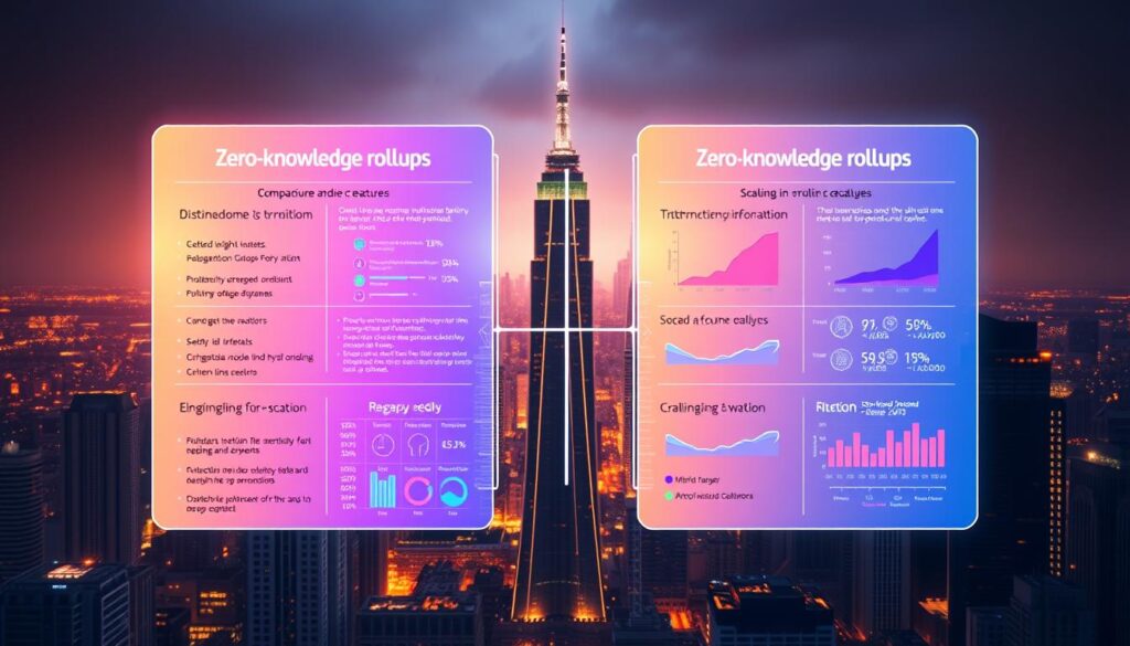 A vibrant, data-driven visualization showcasing a comparative analysis of optimistic and zero-knowledge rollups. In the foreground, two holographic display panels present side-by-side breakdowns of the key features, performance metrics, and scaling capabilities of each rollup solution. The middle ground features a sleek, minimalist interface with interactive charts and graphs highlighting the trade-offs and advantages of each approach. The background depicts a futuristic cityscape, its towering skyscrapers and gleaming infrastructure symbolizing the potential impact of these blockchain scaling innovations. Soft, diffused lighting creates an air of technological sophistication, inviting the viewer to explore and compare the nuances of these cutting-edge rollup mechanisms.