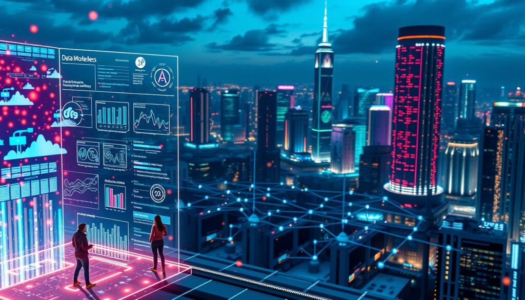 A vibrant data ecosystem centered around a decentralized marketplace, where AI models and datasets seamlessly integrate with blockchain-powered transactions. In the foreground, a holographic display showcases the diverse offerings - from niche machine learning models to vast troves of training data. Amidst the ethereal glow, developers and researchers navigate a sleek, intuitive interface, negotiating terms and exchanging digital assets. In the middle ground, a network of nodes processes secure, transparent data exchange, underpinned by distributed consensus. The background depicts a futuristic cityscape, its skyscrapers adorned with dynamic data visualizations, reflecting the ever-evolving landscape of decentralized AI innovation.