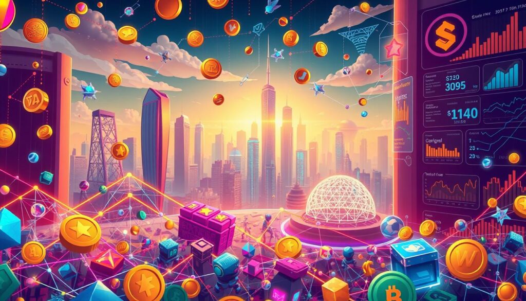 A vibrant, detailed illustration depicting the tokenomics behind an NFT reward system. In the foreground, an intricate network of interlinked tokens and cryptocurrencies, their values fluctuating dynamically. In the middle ground, various NFT assets - game characters, virtual real estate, digital collectibles - are being earned and traded by players, their rewards seamlessly integrated into the underlying tokenomics. The background showcases a futuristic cityscape, with towering skyscrapers and holographic displays, representing the technological innovation driving this cutting-edge ecosystem. Warm lighting casts an optimistic glow, while intricate data visualizations and statistical charts hint at the complex mechanics powering this rewarding NFT experience.