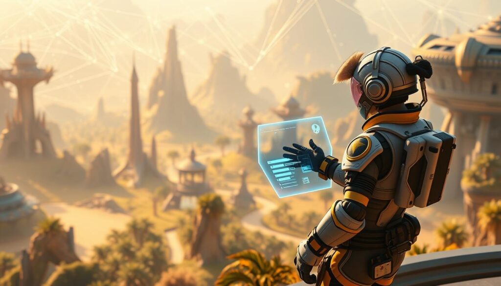 A vibrant, detailed scene of the top features in a leading play-to-earn crypto game. In the foreground, a character dressed in futuristic gear interacts with a holographic interface, showcasing the game's advanced UI and customization options. The middle ground features a lush, futuristic landscape with towering structures and floating platforms, hinting at the game's expansive world and diverse environments. In the background, a shimmering blockchain network backdrop symbolizes the game's decentralized, crypto-powered nature. Warm, diffuse lighting casts a dreamlike atmosphere, while a cinematic, high-angle camera angle emphasizes the grandeur of the scene. The overall composition conveys a sense of technological sophistication, player agency, and the thrilling possibilities of the play-to-earn crypto gaming experience.