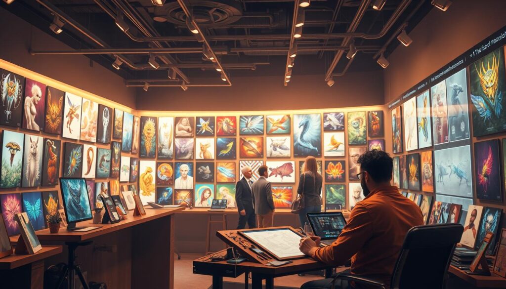 A vibrant digital art gallery, bathed in warm lighting and filled with an array of captivating NFT artworks. In the foreground, a digital artist sits at their workstation, immersed in the creative process, surrounded by a variety of digital drawing tools and tablets. In the middle ground, collectors browse the gallery, examining the intricate details and unique visual styles of the displayed NFTs. The background showcases a sleek, modern interface, with intuitive controls and a user-friendly layout, highlighting the benefits of the AI-powered NFT generation platform. The overall scene conveys a sense of inspiration, innovation, and the boundless potential of the digital art and NFT ecosystem. A vibrant digital art gallery, bathed in warm lighting and filled with an array of captivating NFT artworks. In the foreground, a digital artist sits at their workstation, immersed in the creative process, surrounded by a variety of digital drawing tools and tablets. In the middle ground, collectors browse the gallery, examining the intricate details and unique visual styles of the displayed NFTs. The background showcases a sleek, modern interface, with intuitive controls and a user-friendly layout, highlighting the benefits of the AI-powered NFT generation platform. The overall scene conveys a sense of inspiration, innovation, and the boundless potential of the digital art and NFT ecosystem.