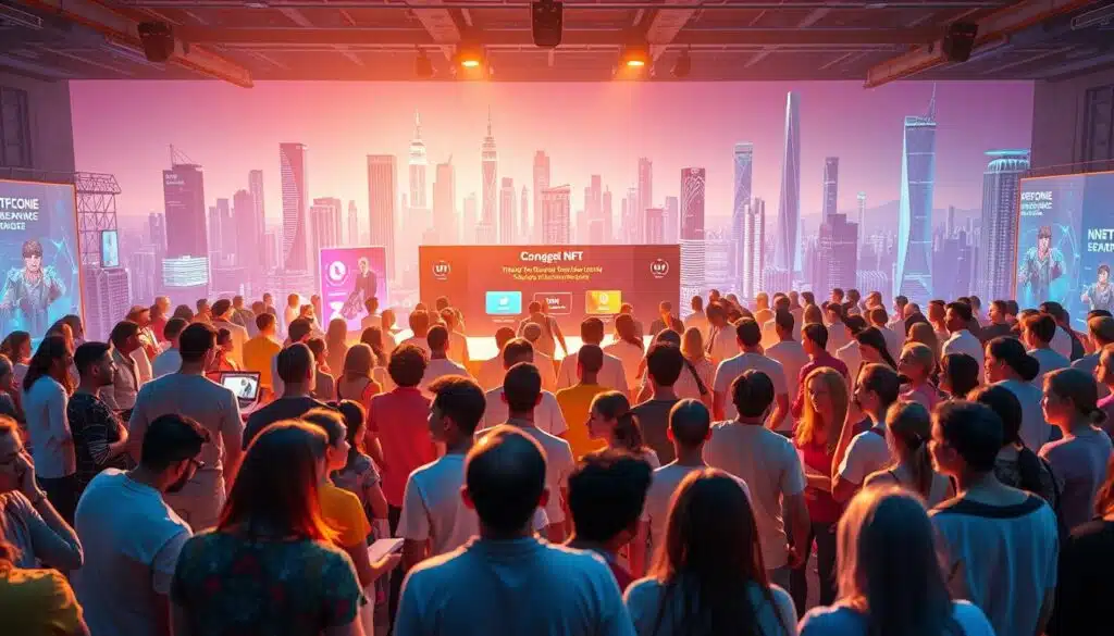A vibrant digital community actively participating in an NFT competition. In the foreground, a diverse group of users enthusiastically engaged in discussions, sharing ideas, and collaborating on various aspects of the competition. The middle ground features a dynamic virtual event space, with colorful 3D avatars and interactive displays showcasing NFT artworks and project details. In the background, a sleek, futuristic cityscape sets the scene, with holographic interfaces and neon-lit skyscrapers creating an immersive, technologically advanced atmosphere. Soft, diffused lighting casts a warm glow over the entire scene, capturing the sense of excitement and camaraderie among the NFT community members. The overall composition conveys a vibrant, collaborative, and forward-thinking environment, reflecting the spirit of the "Winning Competitions and Boosting Community Engagement" section. A vibrant digital community actively participating in an NFT competition. In the foreground, a diverse group of users enthusiastically engaged in discussions, sharing ideas, and collaborating on various aspects of the competition. The middle ground features a dynamic virtual event space, with colorful 3D avatars and interactive displays showcasing NFT artworks and project details. In the background, a sleek, futuristic cityscape sets the scene, with holographic interfaces and neon-lit skyscrapers creating an immersive, technologically advanced atmosphere. Soft, diffused lighting casts a warm glow over the entire scene, capturing the sense of excitement and camaraderie among the NFT community members. The overall composition conveys a vibrant, collaborative, and forward-thinking environment, reflecting the spirit of the "Winning Competitions and Boosting Community Engagement" section.