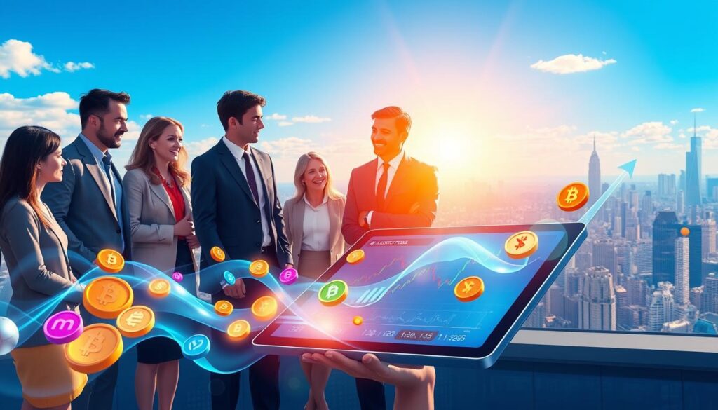 A vibrant digital illustration depicting the concept of providing liquidity in decentralized finance. In the foreground, show diverse individuals in professional business attire engaged in a lively discussion around a digital tablet displaying liquidity pools and charts, symbolizing collaboration. The middle ground features transparent, flowing streams of cryptocurrency assets represented by colorful tokens, integrating elements like graphs indicating trading volumes and returns. In the background, depict a futuristic city skyline under a clear blue sky, with high-tech elements like blockchain nodes subtly glowing. Use bright, luminous lighting to evoke a sense of optimism and innovation, capturing the dynamic nature of DeFi. The overall mood should be energetic and focused, reflecting the potential rewards of yield farming.
