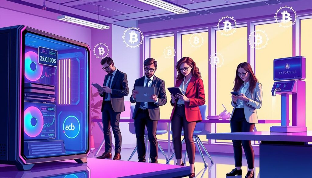 A vibrant digital illustration of a futuristic workspace dedicated to micro-earnings platforms. In the foreground, a sleek gaming PC glows with RGB lights, displaying charts and digital currency symbols like Bitcoin. In the middle, a diverse group of professionals in smart casual attire is engaged in activities: one is testing gameplay on a laptop, another is filling out tasks on a tablet, and a third is monitoring cryptocurrency faucets via a smartphone. The background features a modern, minimalist office with light streaming through large windows, creating a bright atmosphere. Subtle holographic icons representing various earning methods float around, enhancing the tech-forward feel. The overall mood is energetic and optimistic, conveying the potential of earning Bitcoin rewards effortlessly. A vibrant digital illustration of a futuristic workspace dedicated to micro-earnings platforms. In the foreground, a sleek gaming PC glows with RGB lights, displaying charts and digital currency symbols like Bitcoin. In the middle, a diverse group of professionals in smart casual attire is engaged in activities: one is testing gameplay on a laptop, another is filling out tasks on a tablet, and a third is monitoring cryptocurrency faucets via a smartphone. The background features a modern, minimalist office with light streaming through large windows, creating a bright atmosphere. Subtle holographic icons representing various earning methods float around, enhancing the tech-forward feel. The overall mood is energetic and optimistic, conveying the potential of earning Bitcoin rewards effortlessly.