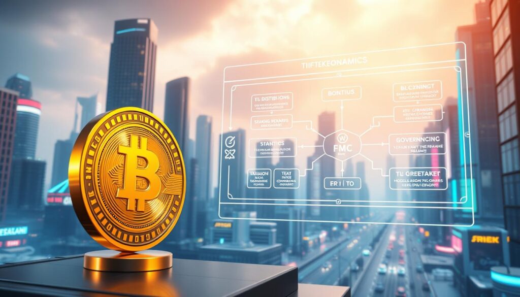 A vibrant digital landscape depicting the intricate tokenomics of an in-game currency. In the foreground, a 3D render of a shimmering gold coin rotates, its surface reflecting the interplay of various economic factors. The middle ground showcases a holographic display, illustrating a dynamic flow chart of token distribution, staking rewards, and governance mechanisms. In the background, a futuristic cityscape with towering skyscrapers and neon-lit streets sets the stage, hinting at the broader ecosystem in which this in-game economy thrives. Soft, diffused lighting casts an ethereal glow, creating a sense of depth and transparency. The overall mood is one of technological sophistication and financial innovation, capturing the essence of the "Earning Rewards Through In-Game Currency and Tokenomics" section.