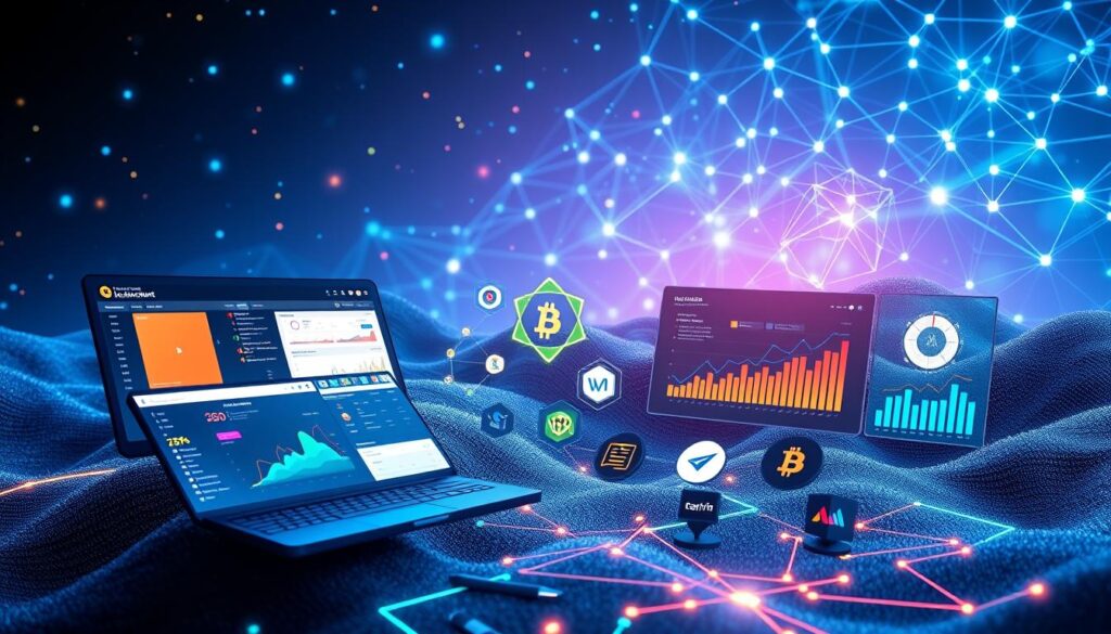 A vibrant digital landscape showcasing an array of blockchain analytics tools. In the foreground, a series of interactive dashboards and visualizations, their colorful charts and graphs illuminating key blockchain data. In the middle ground, a cluster of icons and logos representing leading blockchain analytics platforms, their sleek and modern designs hinting at the powerful insights they provide. The background is a stylized depiction of a blockchain network, with intricate geometric patterns and a subtle glow, conveying the technological complexity and interconnectedness of this innovative ecosystem. The overall scene is bathed in a cool, futuristic lighting, creating a sense of sophistication and innovation, perfectly suited to illustrate the data analytics and visualization tools at the heart of the blockchain industry. A vibrant digital landscape showcasing an array of blockchain analytics tools. In the foreground, a series of interactive dashboards and visualizations, their colorful charts and graphs illuminating key blockchain data. In the middle ground, a cluster of icons and logos representing leading blockchain analytics platforms, their sleek and modern designs hinting at the powerful insights they provide. The background is a stylized depiction of a blockchain network, with intricate geometric patterns and a subtle glow, conveying the technological complexity and interconnectedness of this innovative ecosystem. The overall scene is bathed in a cool, futuristic lighting, creating a sense of sophistication and innovation, perfectly suited to illustrate the data analytics and visualization tools at the heart of the blockchain industry.