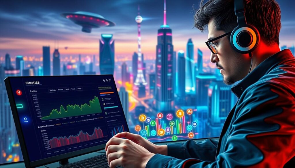 A vibrant digital landscape showcasing expert strategies for maximizing crypto game earnings. In the foreground, a seasoned gamer examines a detailed financial dashboard, meticulously analyzing performance metrics and optimization techniques. The middle ground features a colorful array of crypto-themed gaming icons, each representing a distinct revenue stream. In the background, a futuristic cityscape of towering skyscrapers and holographic displays, symbolizing the dynamic and ever-evolving crypto gaming industry. Lighting is soft and directional, creating depth and emphasis on the key elements. The overall mood is one of focus, innovation, and the pursuit of financial success in the realm of play-to-earn crypto gaming.