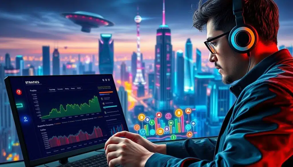A vibrant digital landscape showcasing expert strategies for maximizing crypto game earnings. In the foreground, a seasoned gamer examines a detailed financial dashboard, meticulously analyzing performance metrics and optimization techniques. The middle ground features a colorful array of crypto-themed gaming icons, each representing a distinct revenue stream. In the background, a futuristic cityscape of towering skyscrapers and holographic displays, symbolizing the dynamic and ever-evolving crypto gaming industry. Lighting is soft and directional, creating depth and emphasis on the key elements. The overall mood is one of focus, innovation, and the pursuit of financial success in the realm of play-to-earn crypto gaming. A vibrant digital landscape showcasing expert strategies for maximizing crypto game earnings. In the foreground, a seasoned gamer examines a detailed financial dashboard, meticulously analyzing performance metrics and optimization techniques. The middle ground features a colorful array of crypto-themed gaming icons, each representing a distinct revenue stream. In the background, a futuristic cityscape of towering skyscrapers and holographic displays, symbolizing the dynamic and ever-evolving crypto gaming industry. Lighting is soft and directional, creating depth and emphasis on the key elements. The overall mood is one of focus, innovation, and the pursuit of financial success in the realm of play-to-earn crypto gaming.