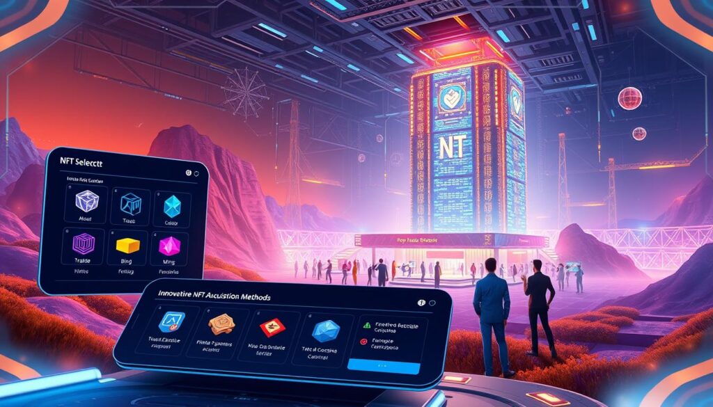A vibrant digital landscape showcasing innovative NFT acquisition methods. In the foreground, a futuristic interface presents a variety of NFT selection options, with sleek icons and intuitive controls. The middle ground features a bustling marketplace, where digital avatars engage in dynamic trading, bidding, and minting processes. In the background, a towering data center hums with the energy of blockchain technology, its intricate architecture illuminated by a warm, ethereal glow. The overall scene conveys a sense of technological advancement, seamless user experience, and the endless possibilities of the evolving NFT ecosystem.