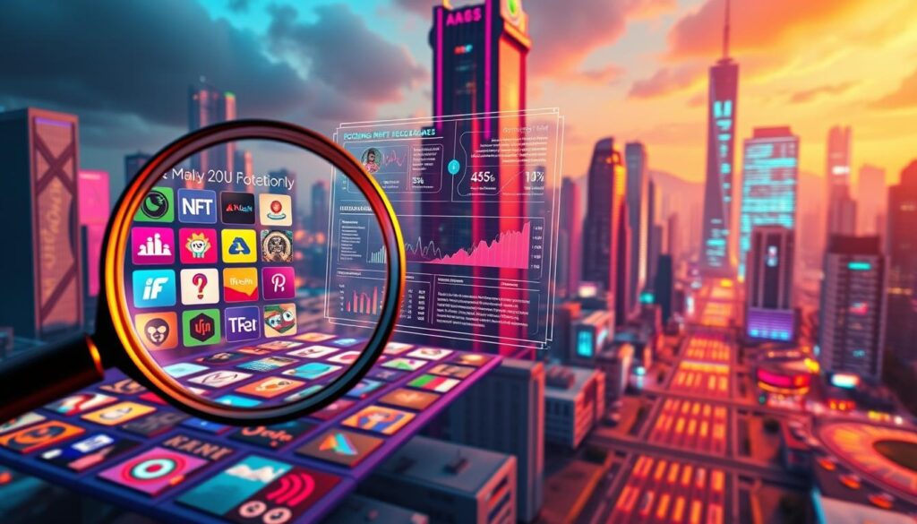 A vibrant digital landscape showcasing strategies for early NFT project discovery. In the foreground, a magnifying glass hovers over a grid of colorful NFT thumbnails, highlighting the process of researching and identifying promising projects. The middle ground features a holographic display with interactive charts, graphs, and data visualizations, providing insights into upcoming NFT releases and allowlist opportunities. In the background, a futuristic cityscape with towering skyscrapers and neon-lit streets creates a dynamic, tech-savvy atmosphere. Warm, directional lighting casts dramatic shadows, emphasizing the depth and complexity of the scene. Captured through a wide-angle lens, the image conveys a sense of exploration, innovation, and the thrill of discovering the next big NFT project.