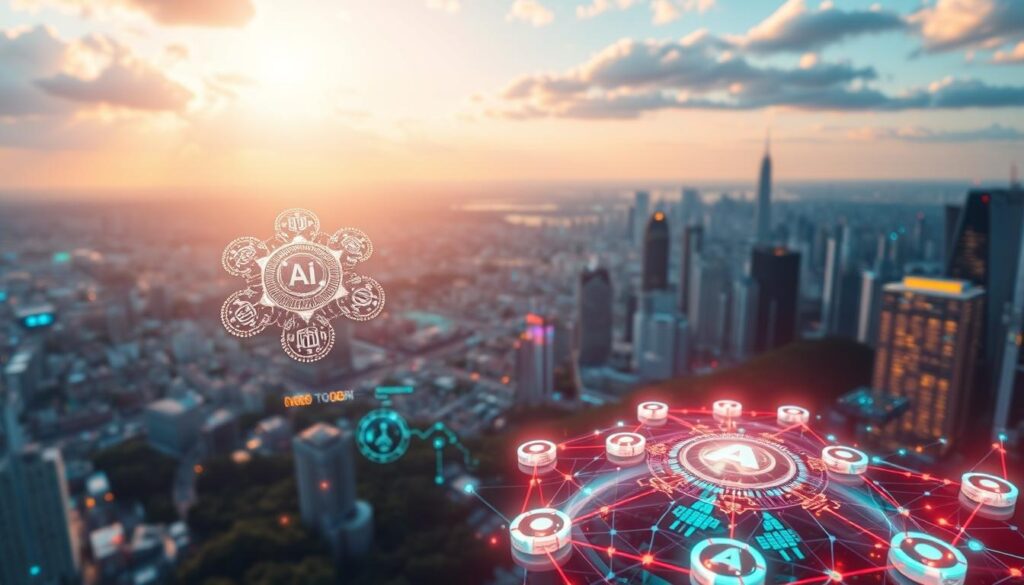 A vibrant digital landscape showcasing the intersection of AI tokens and blockchain technology. In the foreground, a cluster of shimmering AI tokens float above a sleek, futuristic blockchain network, their intricate designs reflecting the power of decentralized intelligence. In the middle ground, dynamic data visualizations and holographic interfaces illustrate the real-world applications of these cutting-edge technologies. The background is a panoramic view of a bustling metropolis, hinting at the widespread integration of AI and blockchain solutions. Bathed in a warm, ethereal glow, the scene conveys a sense of innovation, progress, and the vast potential of these transformative technologies.