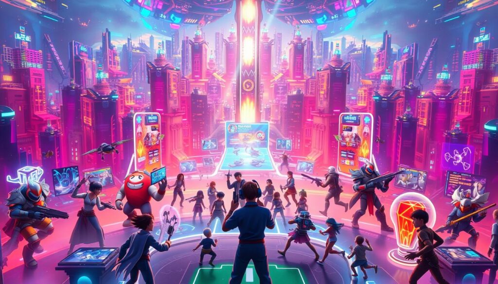 A vibrant digital landscape showcasing the most prominent NFT gaming platforms. In the foreground, various game characters and avatars engage in dynamic gameplay, their unique designs and characteristics on full display. The middle ground features sleek, futuristic interfaces and holographic displays, highlighting the cutting-edge technology powering these immersive gaming experiences. The background is a kaleidoscope of neon-lit cityscapes, reflecting the vibrant and ever-evolving world of NFT gaming. The lighting is a captivating blend of warm and cool tones, creating a sense of energy and excitement. The camera angle is slightly elevated, offering a comprehensive view of the thriving NFT gaming ecosystem.