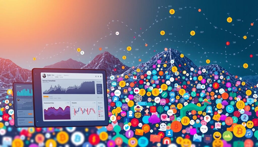 A vibrant digital landscape where a social media feed fills the frame, showcasing a dynamic interplay of cryptocurrency-related posts, reactions, and sentiment analysis visualizations. In the foreground, a sleek dashboard displays real-time metrics and insights, with colorful graphs and charts reflecting the ebbs and flows of the crypto market's online chatter. The middle ground features a collage of stylized social media avatars, emojis, and hashtags, creating a pulsing, interconnected tapestry. In the background, a moody gradient of blues and purples sets the tone, hinting at the complex, ever-evolving nature of the crypto ecosystem. Warm lighting casts a soft, optimistic glow, capturing the energy and enthusiasm surrounding this emerging financial frontier. A vibrant digital landscape where a social media feed fills the frame, showcasing a dynamic interplay of cryptocurrency-related posts, reactions, and sentiment analysis visualizations. In the foreground, a sleek dashboard displays real-time metrics and insights, with colorful graphs and charts reflecting the ebbs and flows of the crypto market's online chatter. The middle ground features a collage of stylized social media avatars, emojis, and hashtags, creating a pulsing, interconnected tapestry. In the background, a moody gradient of blues and purples sets the tone, hinting at the complex, ever-evolving nature of the crypto ecosystem. Warm lighting casts a soft, optimistic glow, capturing the energy and enthusiasm surrounding this emerging financial frontier.