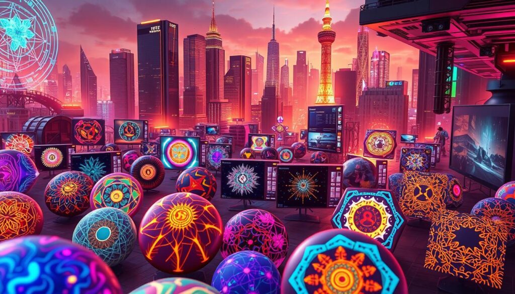 A vibrant digital landscape where generative art and NFT collecting converge. In the foreground, an array of dynamic, algorithmically-generated artworks - each a unique digital treasure, pulsing with intricate patterns and vivid colors. Surrounding them, a curated collection of virtual galleries and marketplaces, their sleek interfaces inviting viewers to explore and acquire these captivating digital assets. In the background, a techno-futuristic cityscape, its towering skyscrapers and neon-lit streets reflecting the transformative impact of this generative art revolution on the digital collecting landscape. Warm lighting casts a glow over the scene, evoking a sense of excitement and wonder as the boundaries between art, technology, and ownership continue to blur.