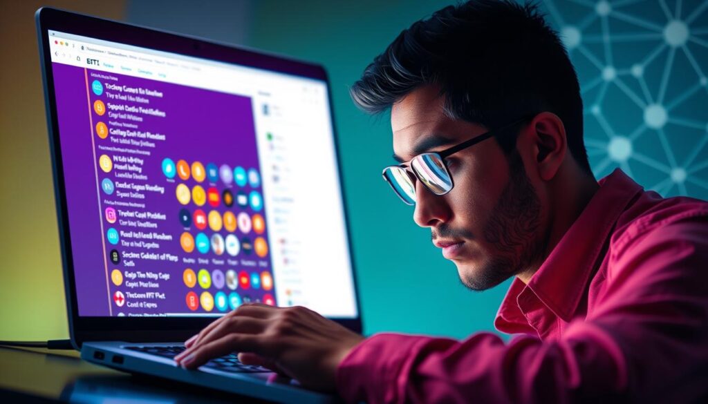 A vibrant digital scene, illuminated by the glow of a laptop screen, showcases the discerning eye needed to navigate the world of NFT giveaways. In the foreground, a perceptive individual scrutinizes a list of potential opportunities, separating the legitimate from the fraudulent. The middle ground reveals a collage of NFT icons, each one a potential prize, while the background depicts a subtle web of interconnected nodes, symbolizing the complex ecosystem of the blockchain. Soft lighting casts a contemplative mood, as the viewer is challenged to apply critical thinking and research skills to identify the genuine offers amidst the sea of digital temptations.